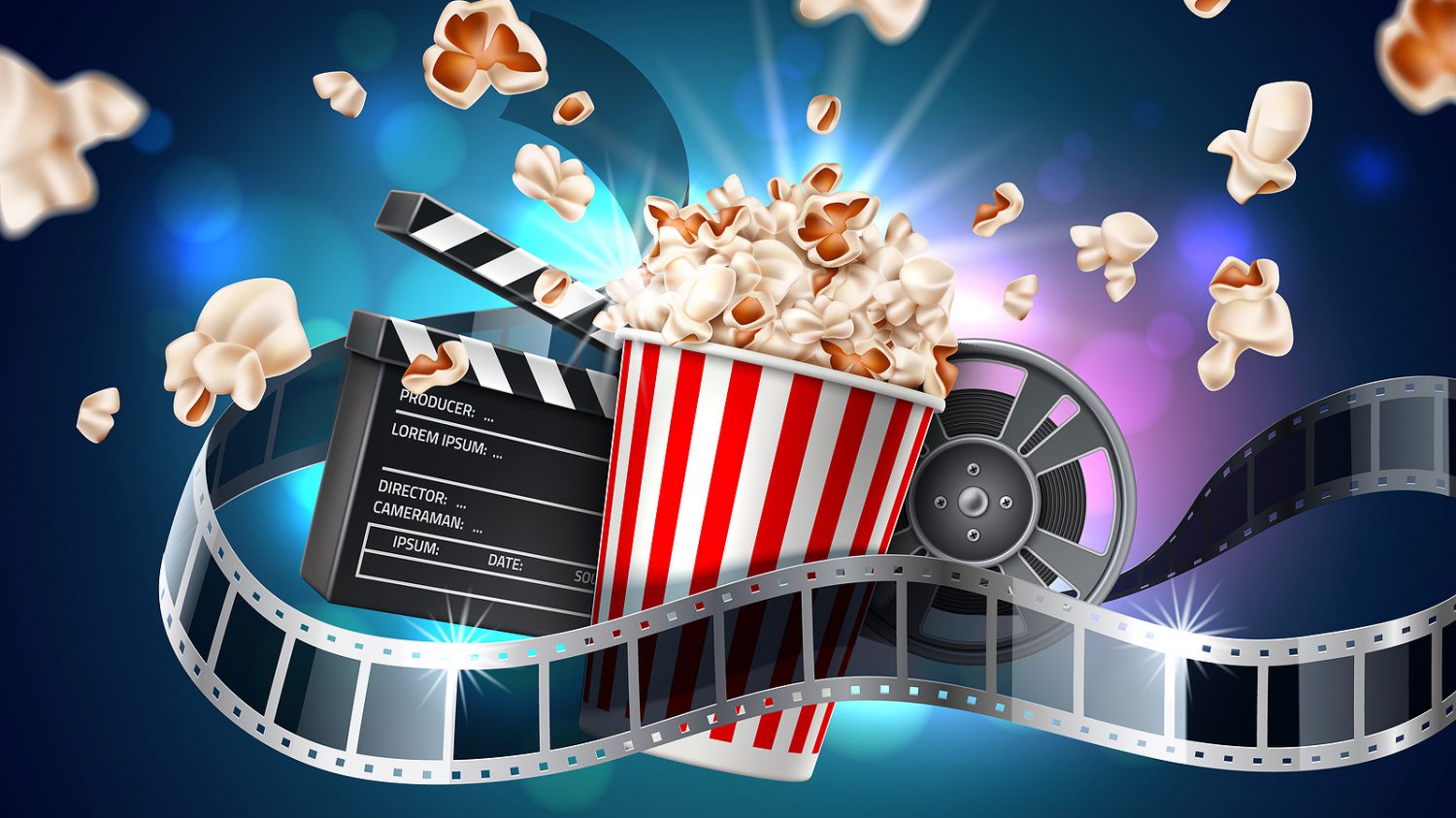 Vector movie cinema poster flying popcorn tape